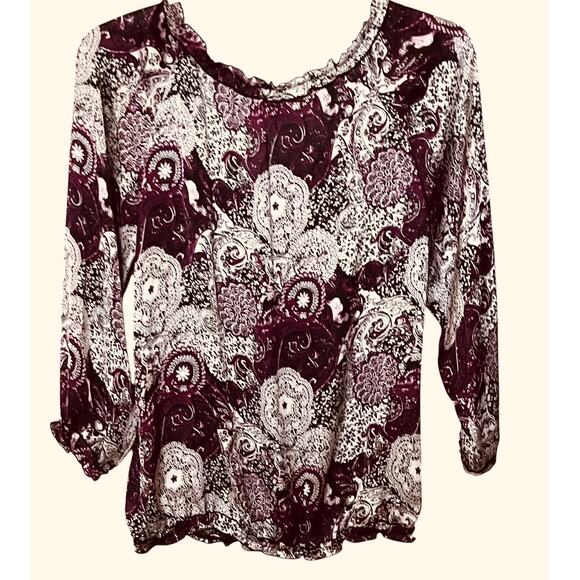 SIGNATURE BY LARRY LEVINE PULL-OVER SCOOP NECK BLOUSE, WOMENS, L, BURGUNDY BLACK - Picture 5 of 12